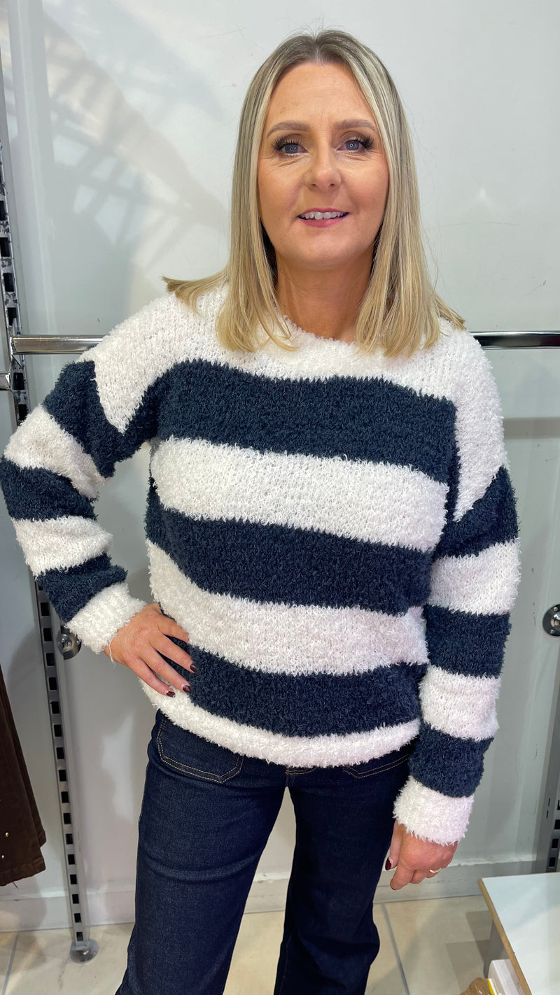 Millie- Blue/Cream Stripe Fluffy Knit Jumper