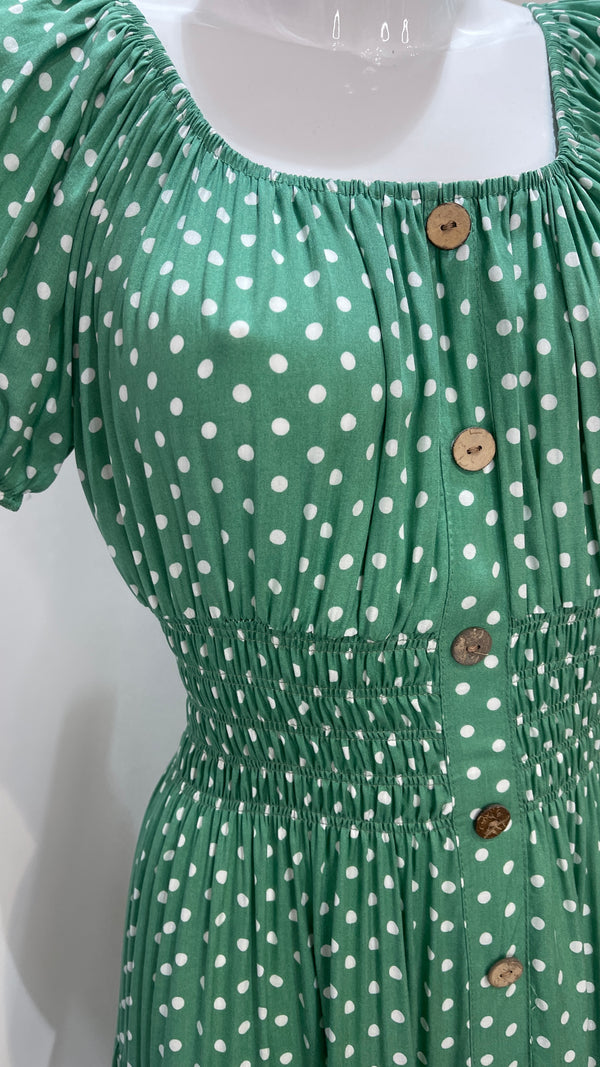 Chloe - Sage Polka Dot Button Maxi Dress