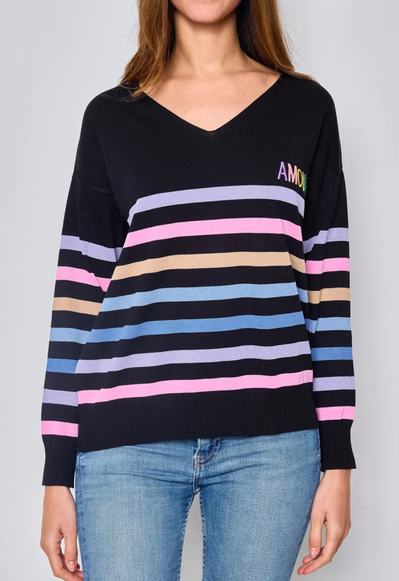 Laura - Black Rainbow Stripe V Neck Fine Knit