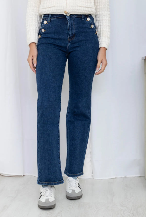 Hannah - Denim Blue Pearlised Button Jean