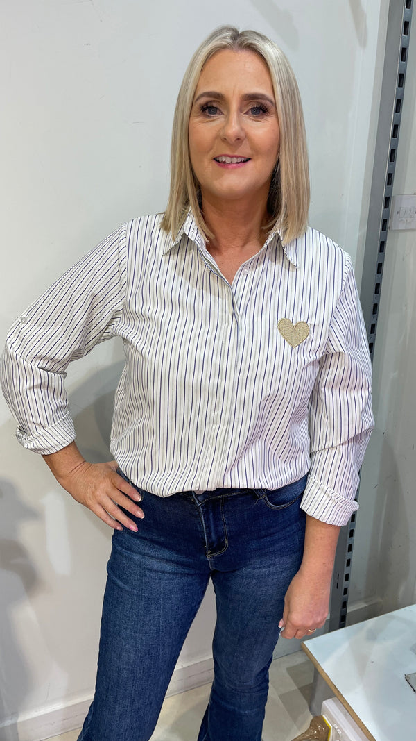 Polly - Blue  Stripe Heart Logo Shirt