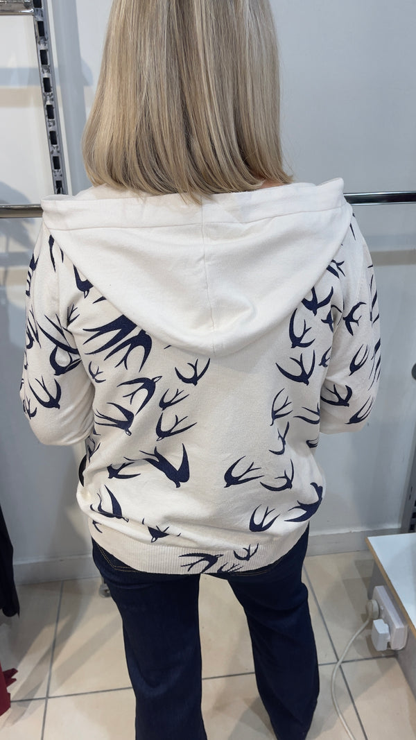 Mina - Beige/Navy Fine Knit Bird Hooded zipper
