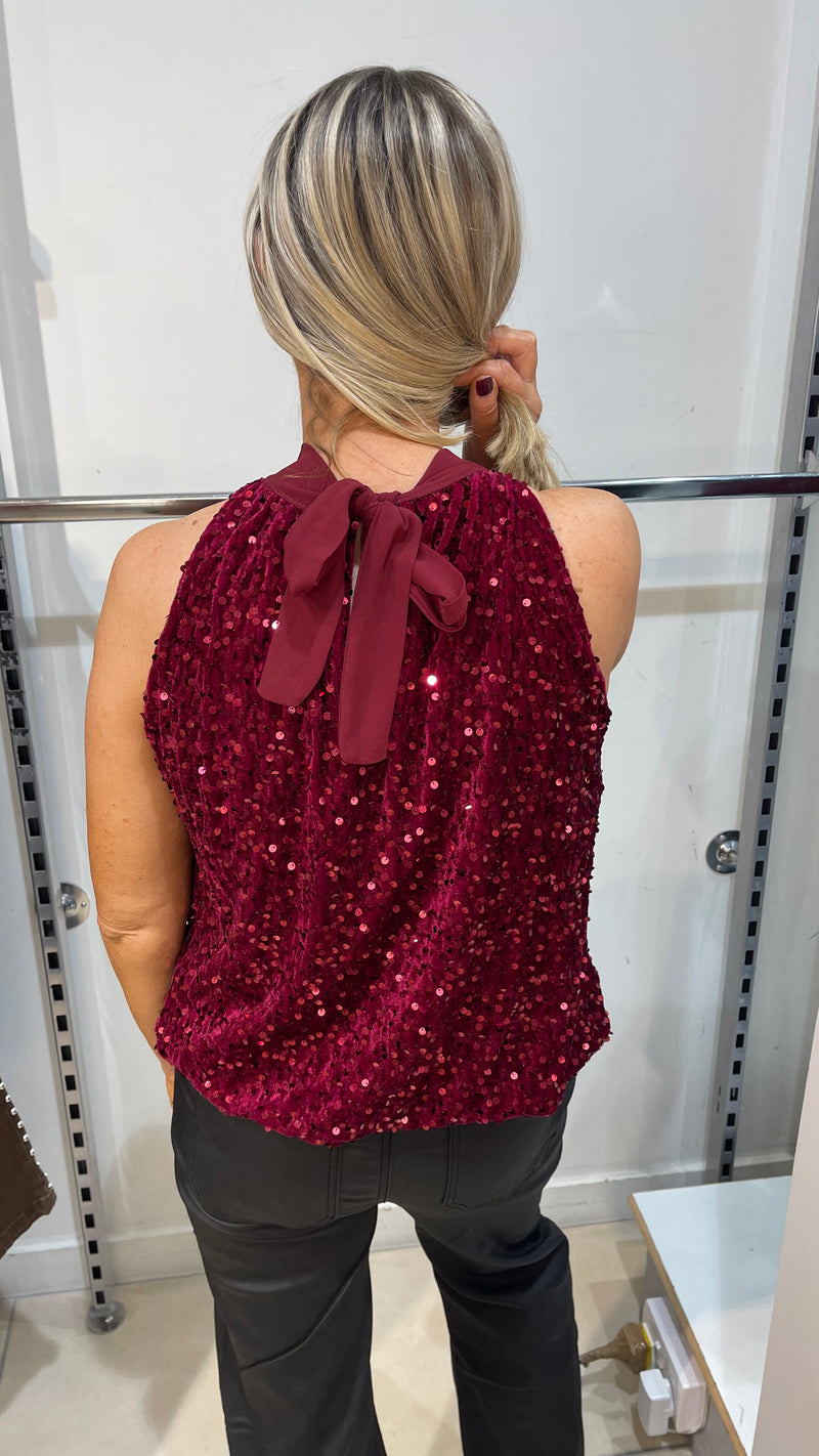 Ava - wine Sequin Lined Halter Top