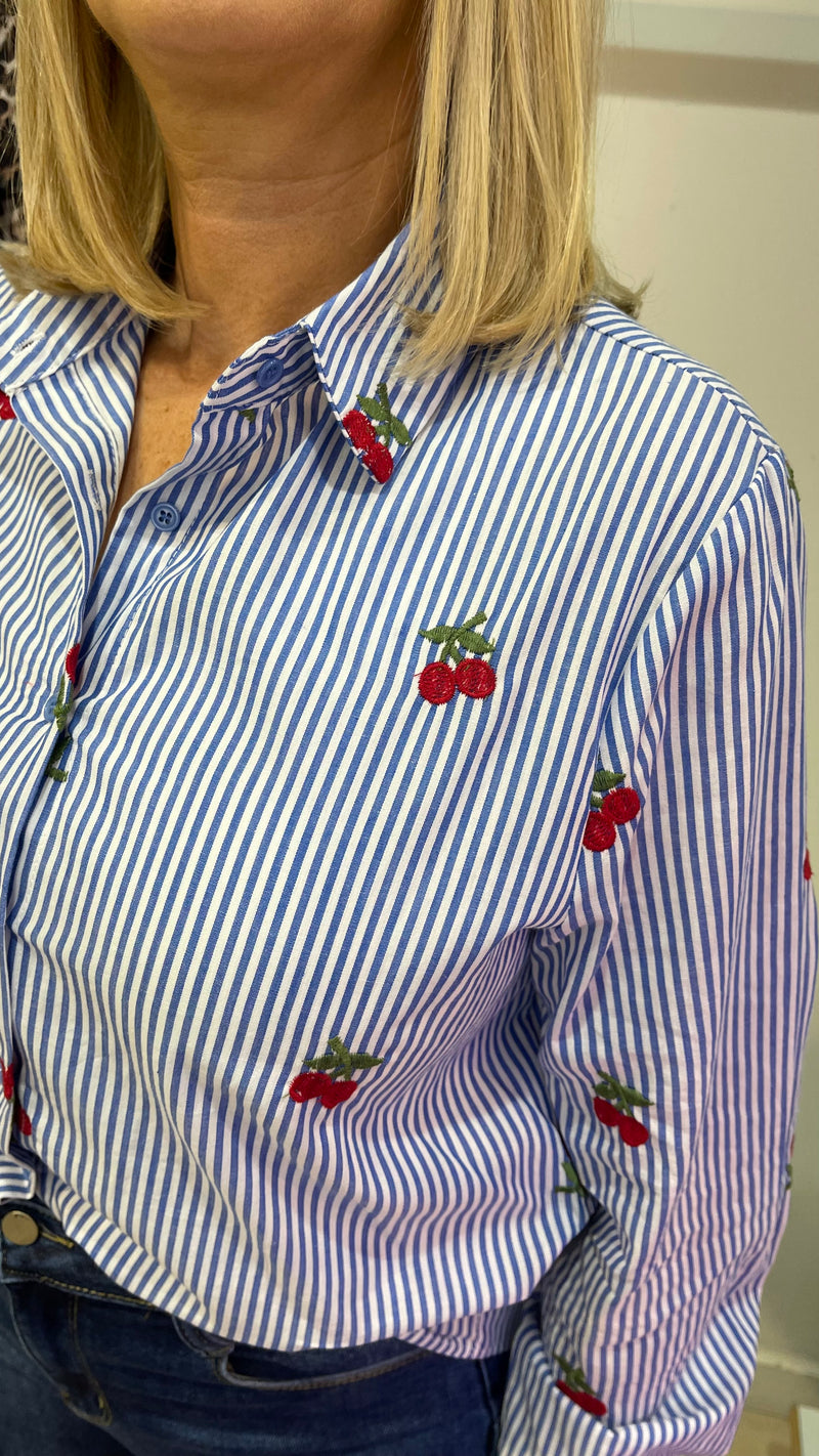 Carrie - Blue Stripe Cherry Embroidered Top
