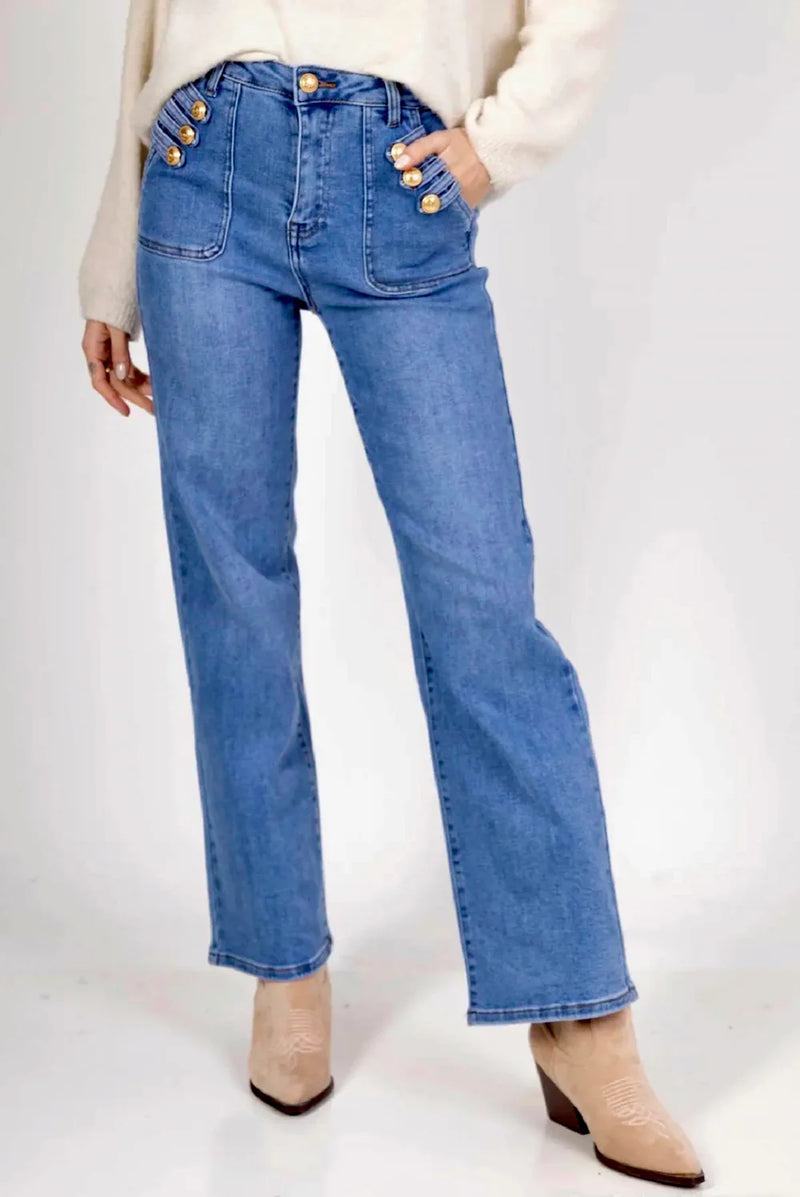 Tess- Blue Button Pocket Denims