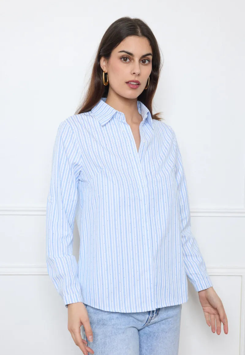 Laura - White/Blue Stripe Stud detail Shirt