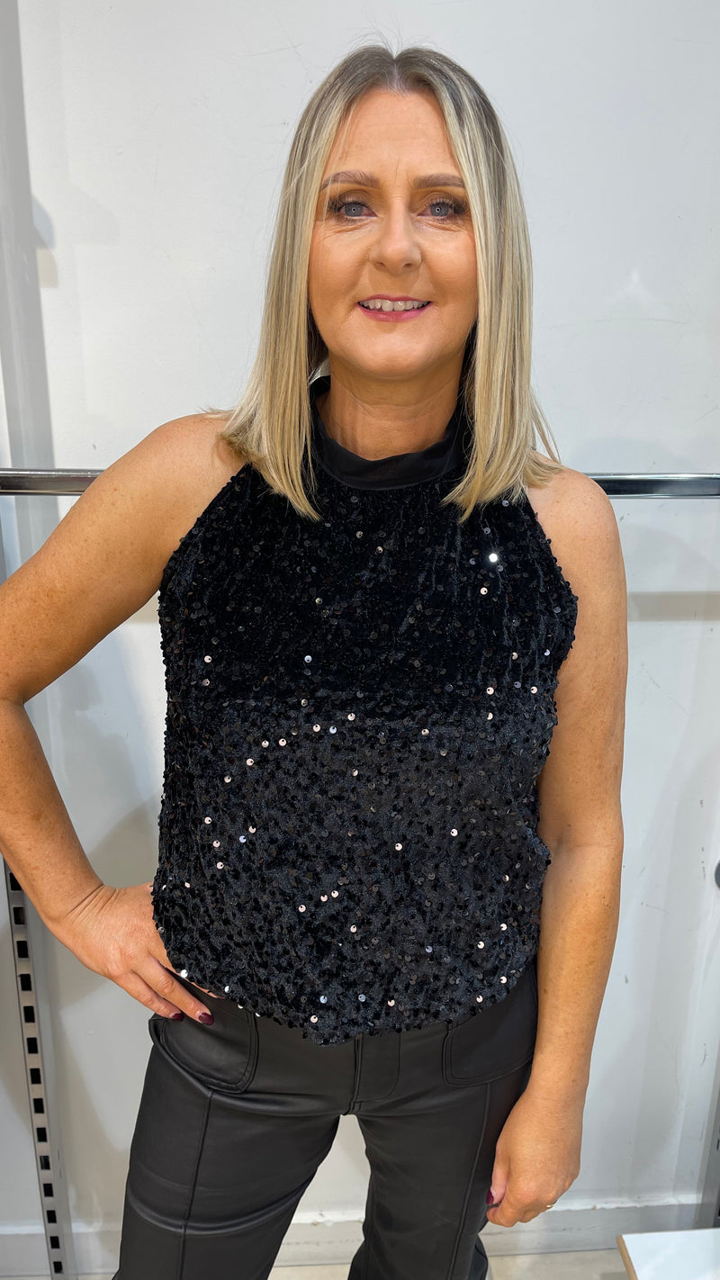 Ava - black Sequin Lined Halter Top