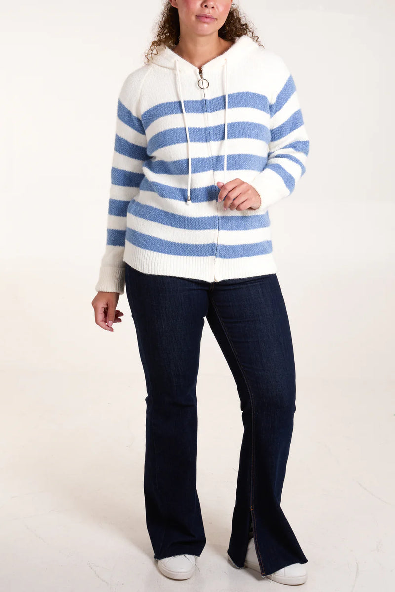 Abbie - Denim/Cream Zipped Hooded Knit