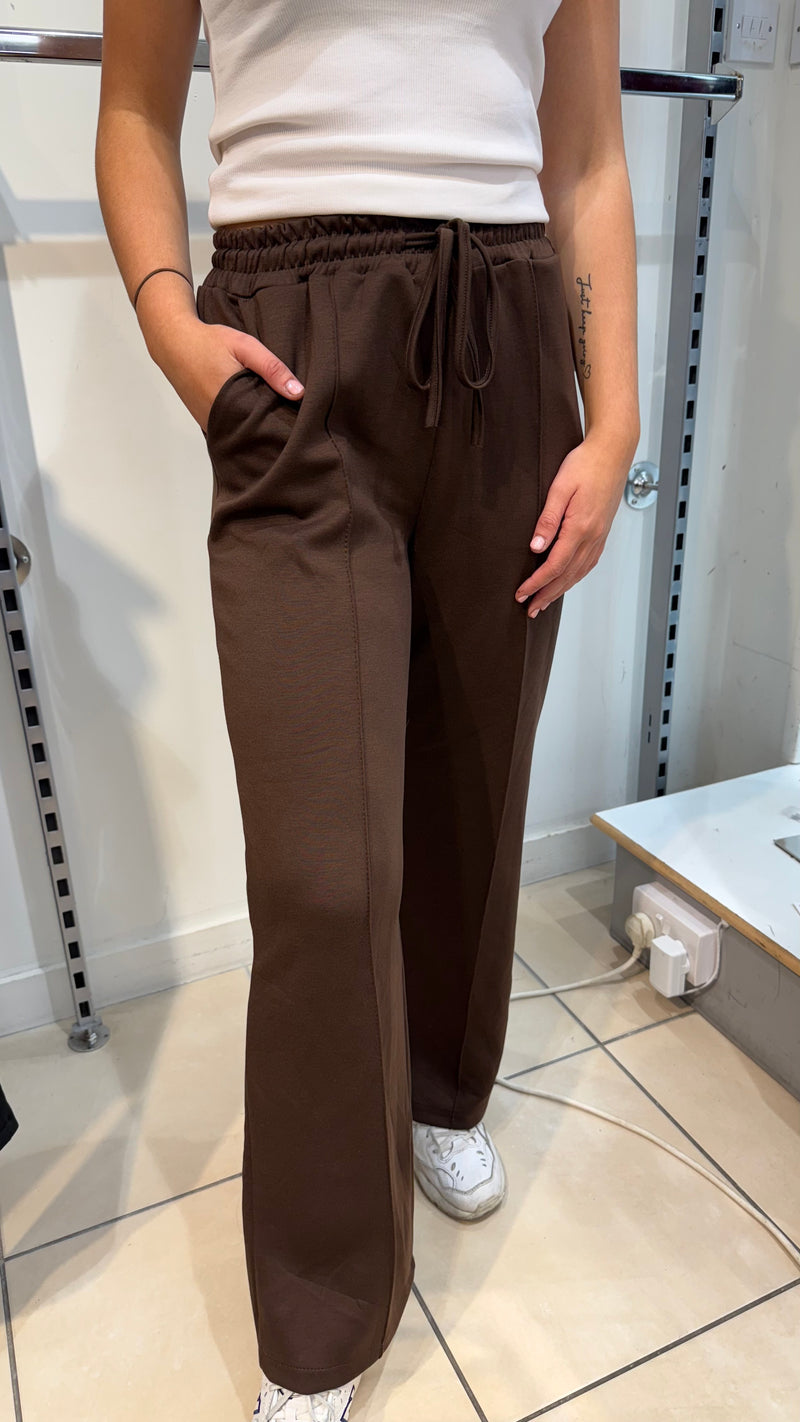 Willow - Chocolate Elastic Waist Seam Wide Leg Joggers