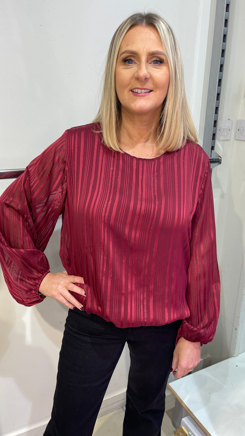 Nellie -  Wine Lurex Thread Stripe Round Neck Blouse