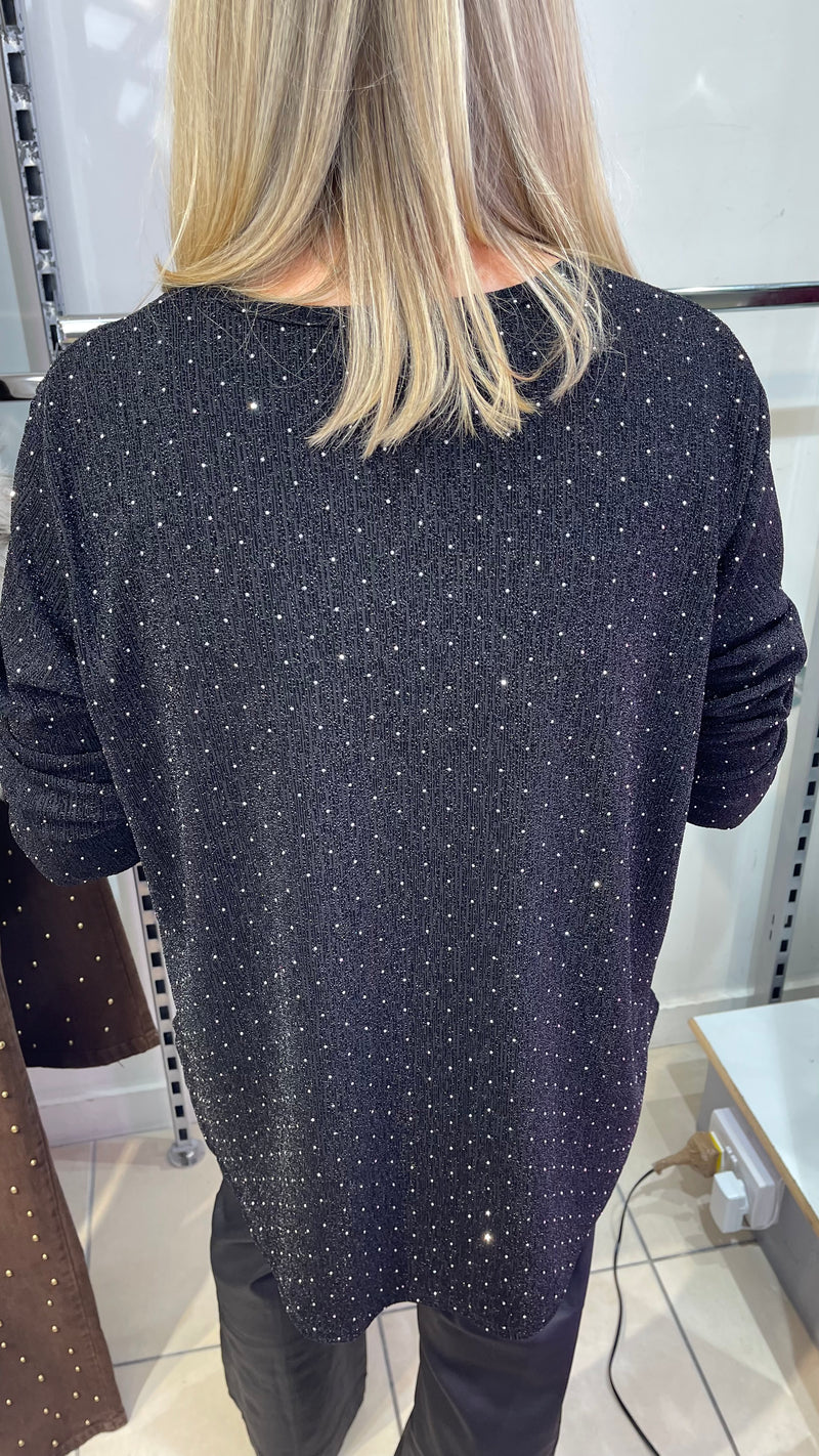 Kay - Black Shimmer Stud Diamond Zip Batwing Top