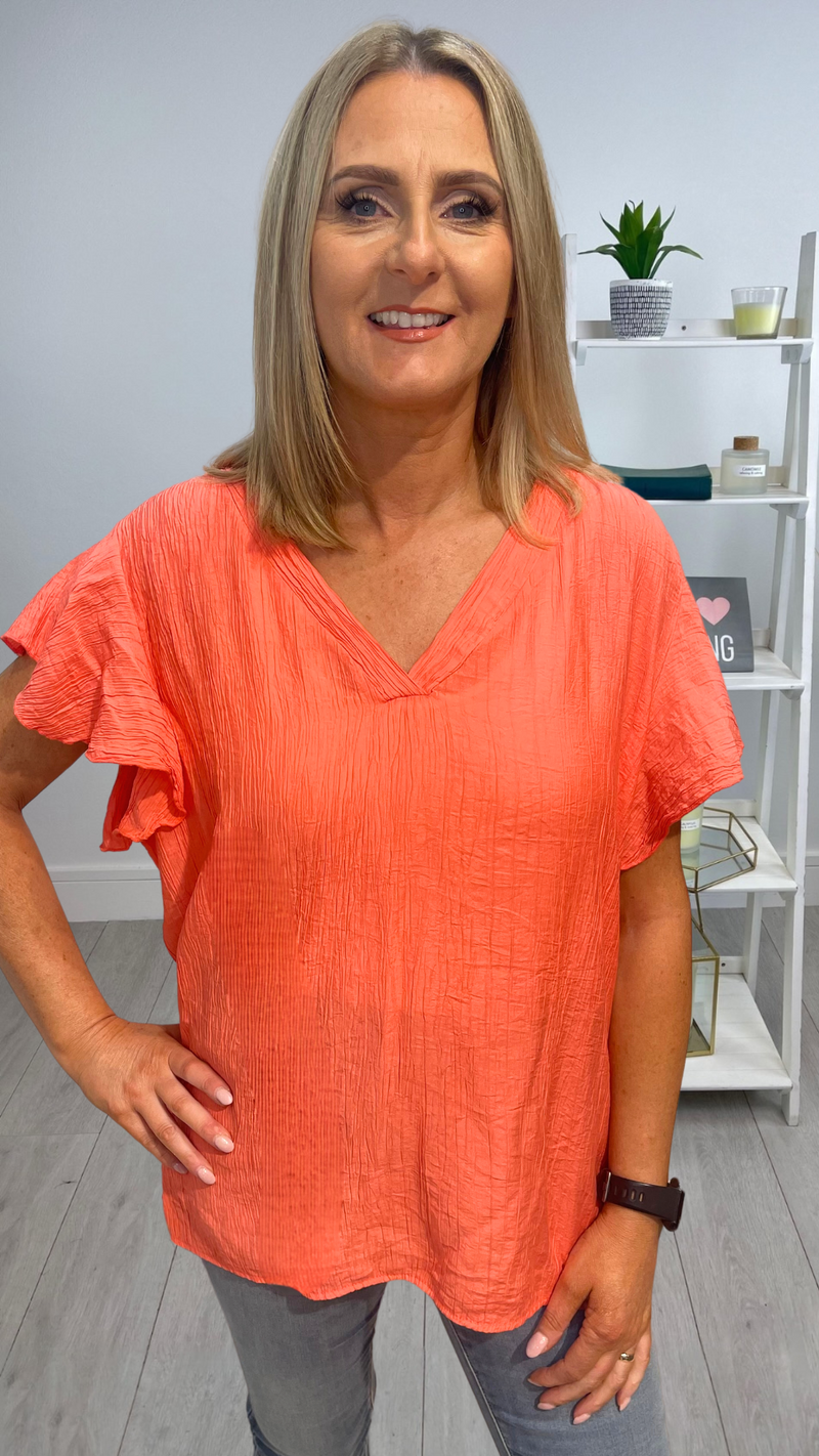 Skye - Crinkle Effect V Neck Blouse Coral