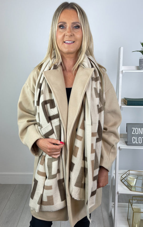 Georgia - Cream/ Taupe Print Winter Scarf