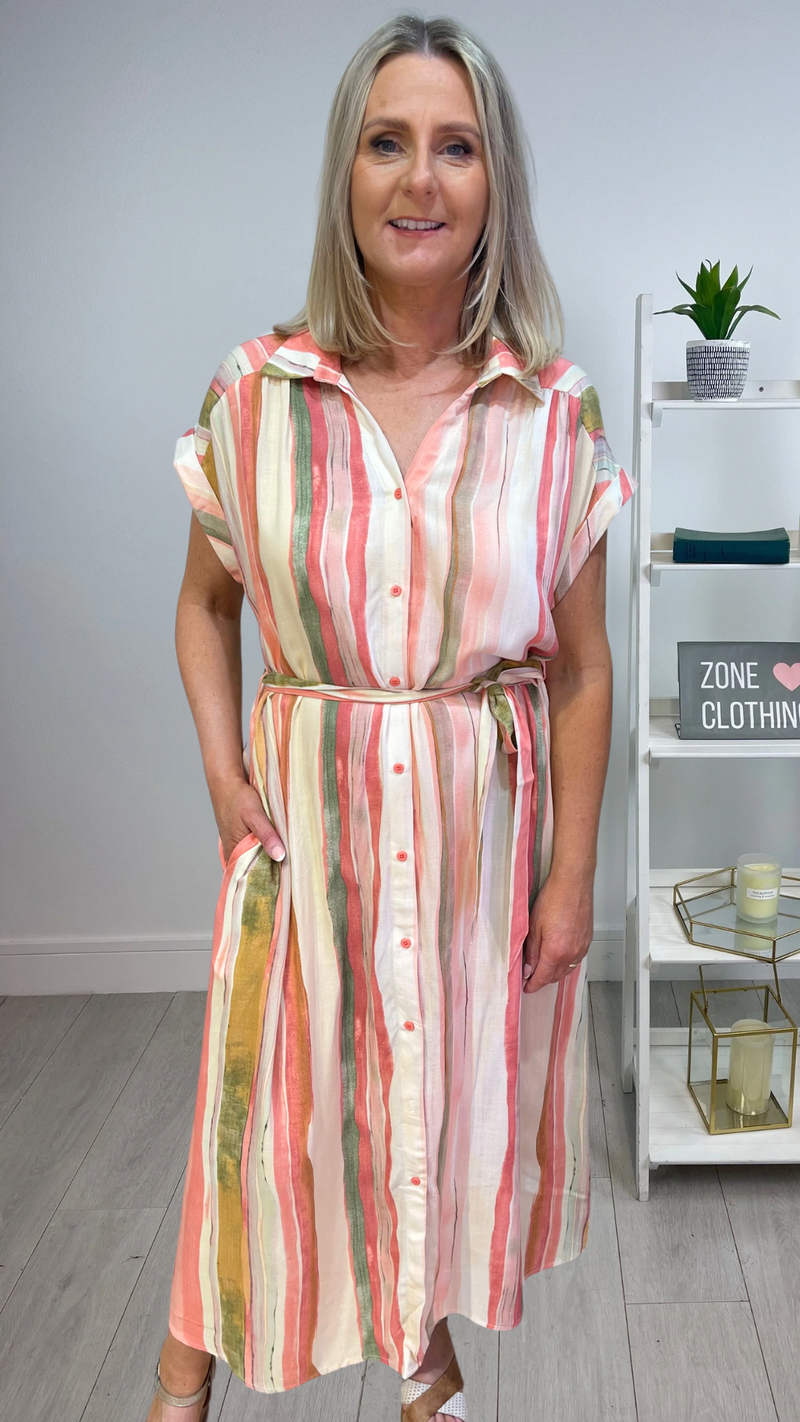 Lorna - stripe green/cream Button Front maxi