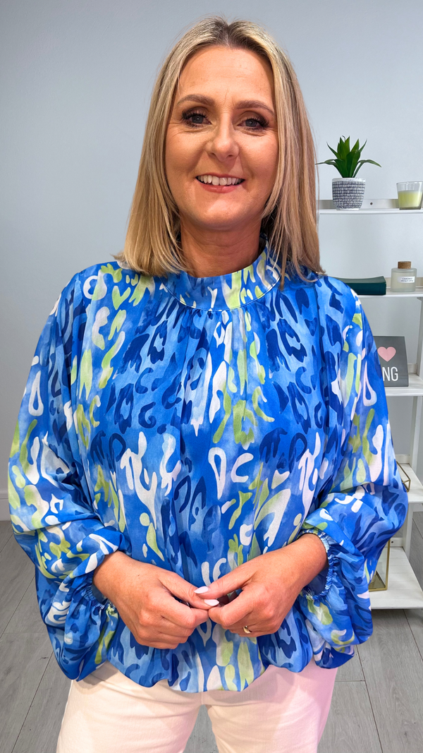 Jodie - Blue/Green Print High Neck Top