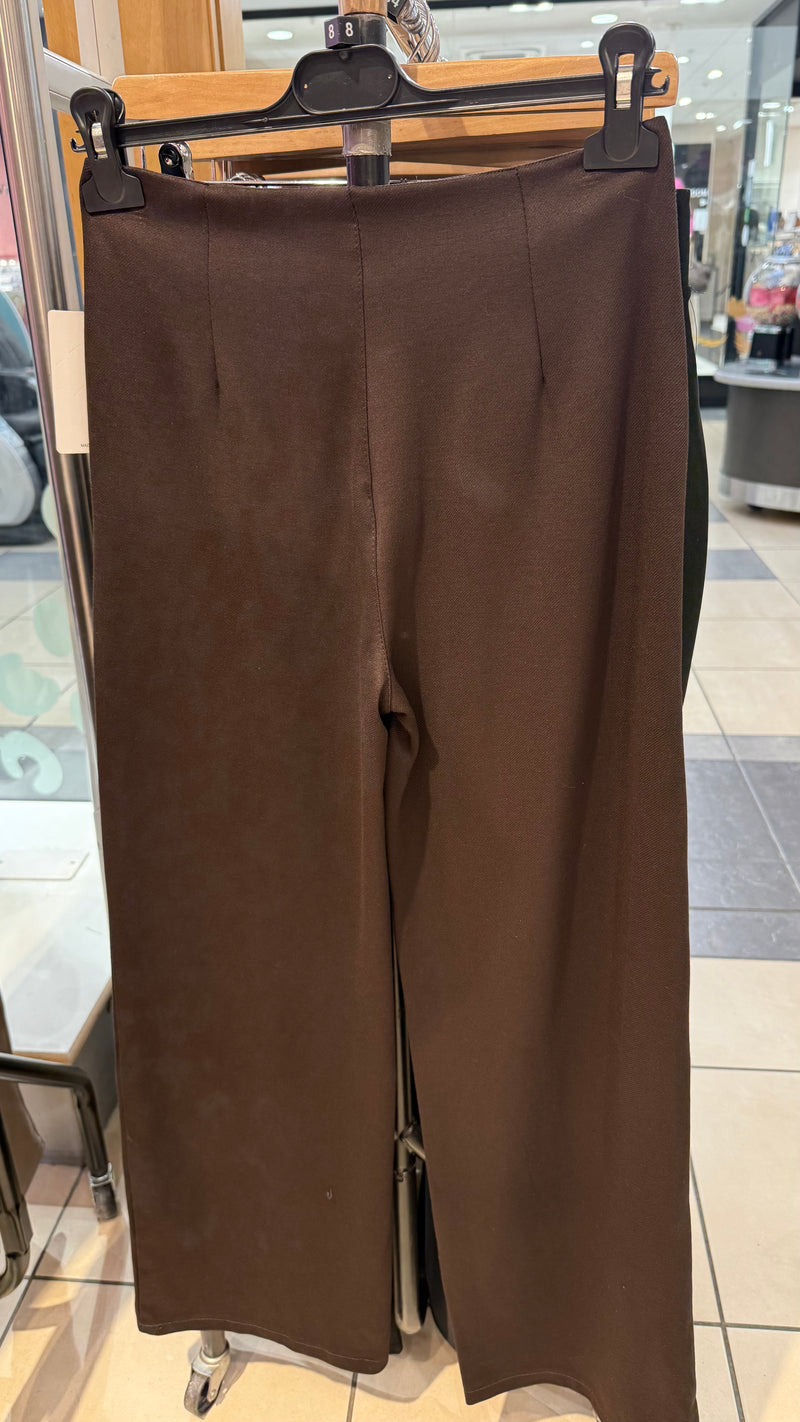 Belle - Brown Button Pocket Wide Leg Trousers