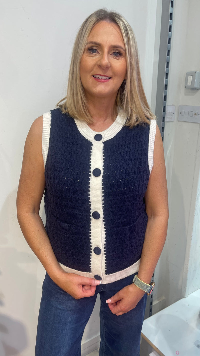 Olivia - Blue/Cream Button Knit Waistcoat