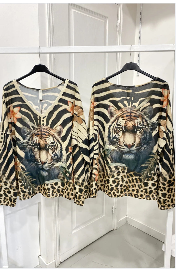 Corey - Tiger Multi Animal Lurex Top
