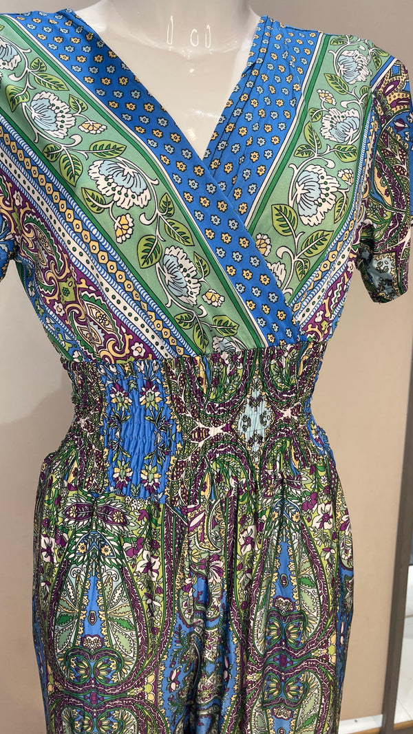 Cara - Blue/Green Paisley Print shirred Waist Jumpsuit
