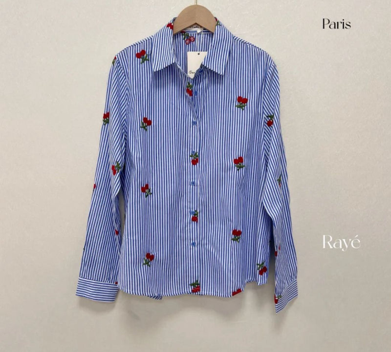 Carrie - Blue Stripe Cherry Embroidered Top