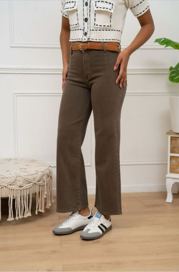 Jake - Mocha Brown Denim Belted Cropped Jeans