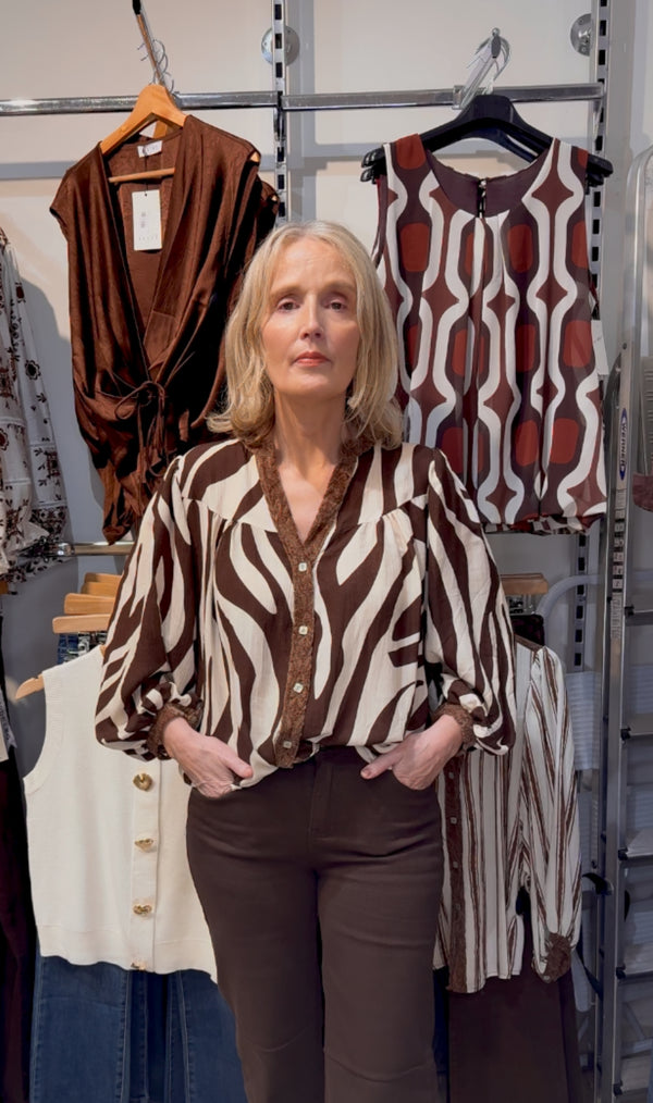 Blaithin - Cream/Chocolate Zebra Crochet Back Blouse