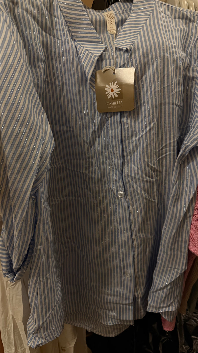 Lizzie - White/Blue Stripe Silver Thread Top