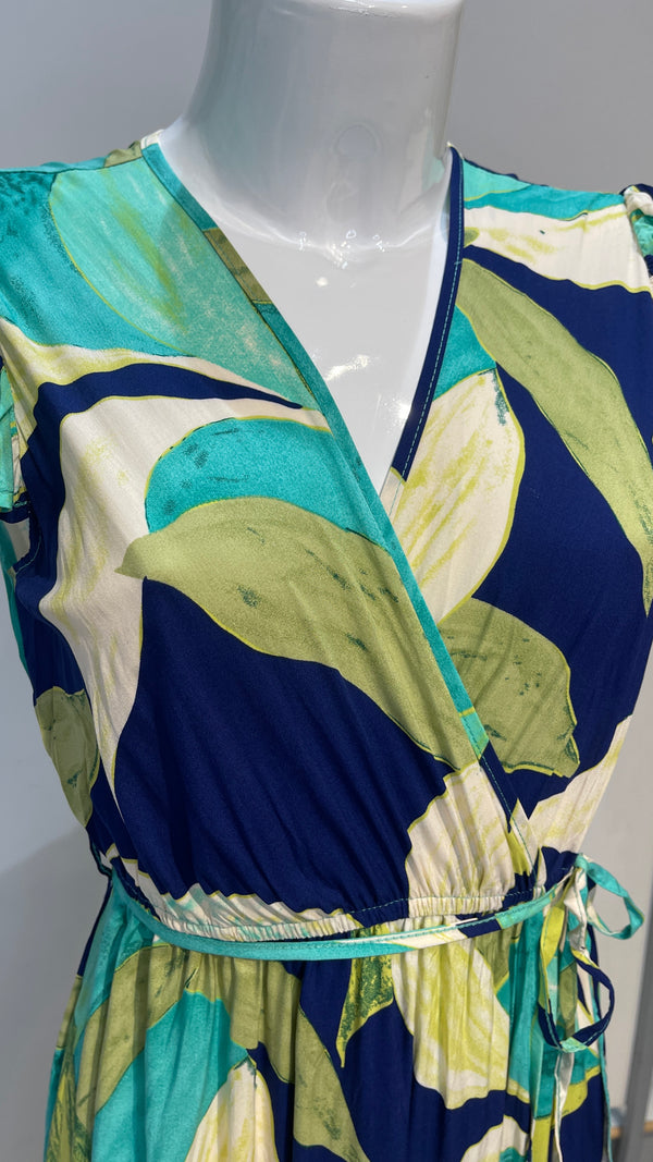 Tori - Blue Green Leaf Print Dress