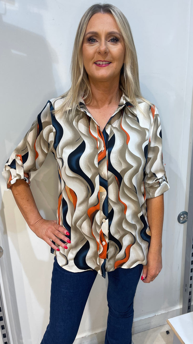 Abbie - Taupe/Navy/Orange Print Shirt