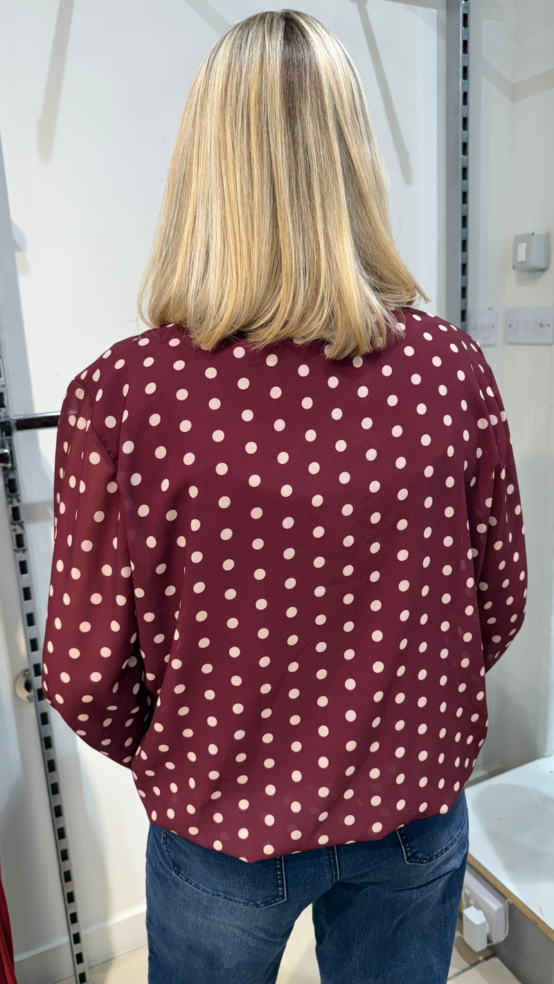 Naomi - Wine Polka Print Lined bubble Hem top