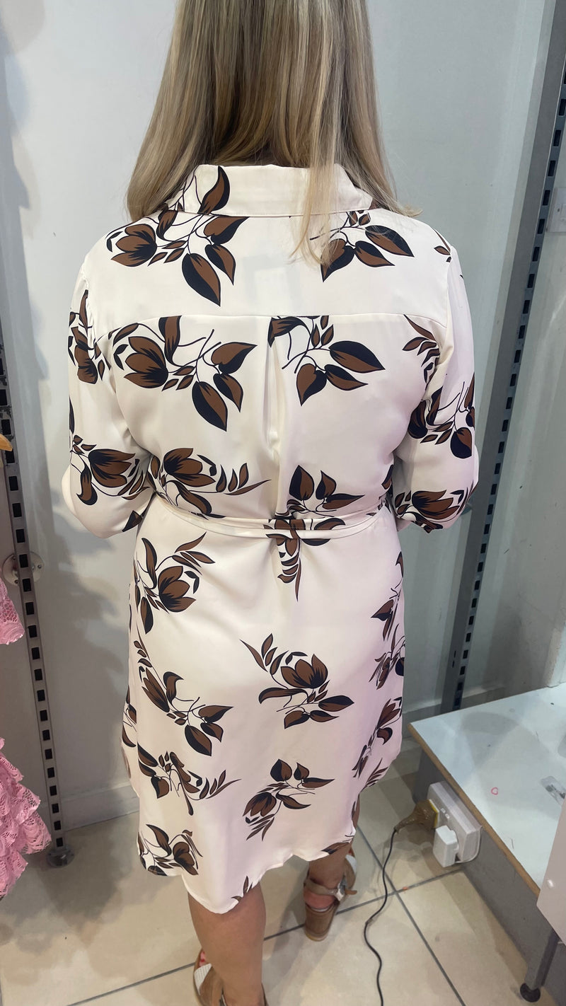 Lila - Brown/Cream Leaf Print Shirt Dress