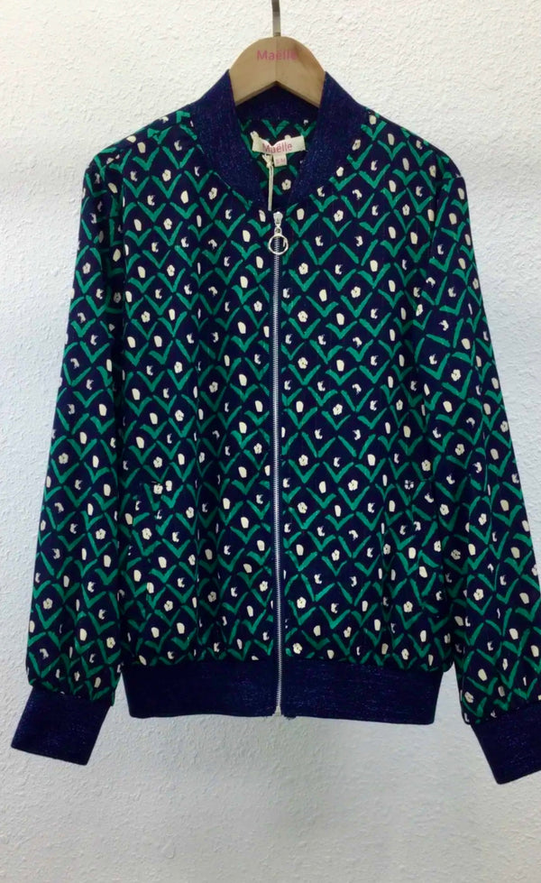 Zoe - Green/Navy  Print Zipped Jacket