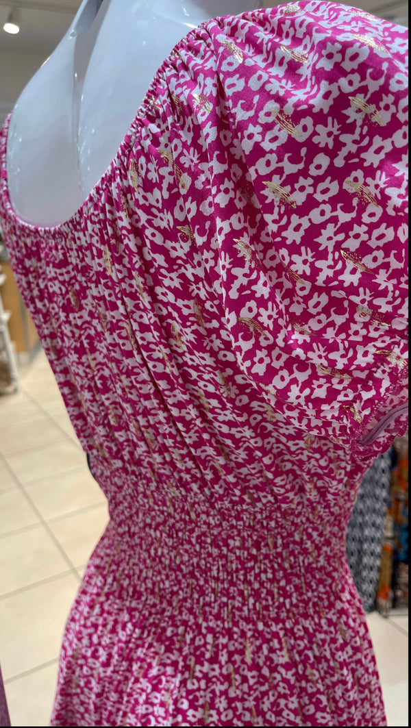 Trudie - Pink Ditsy Print Button Midi Dress