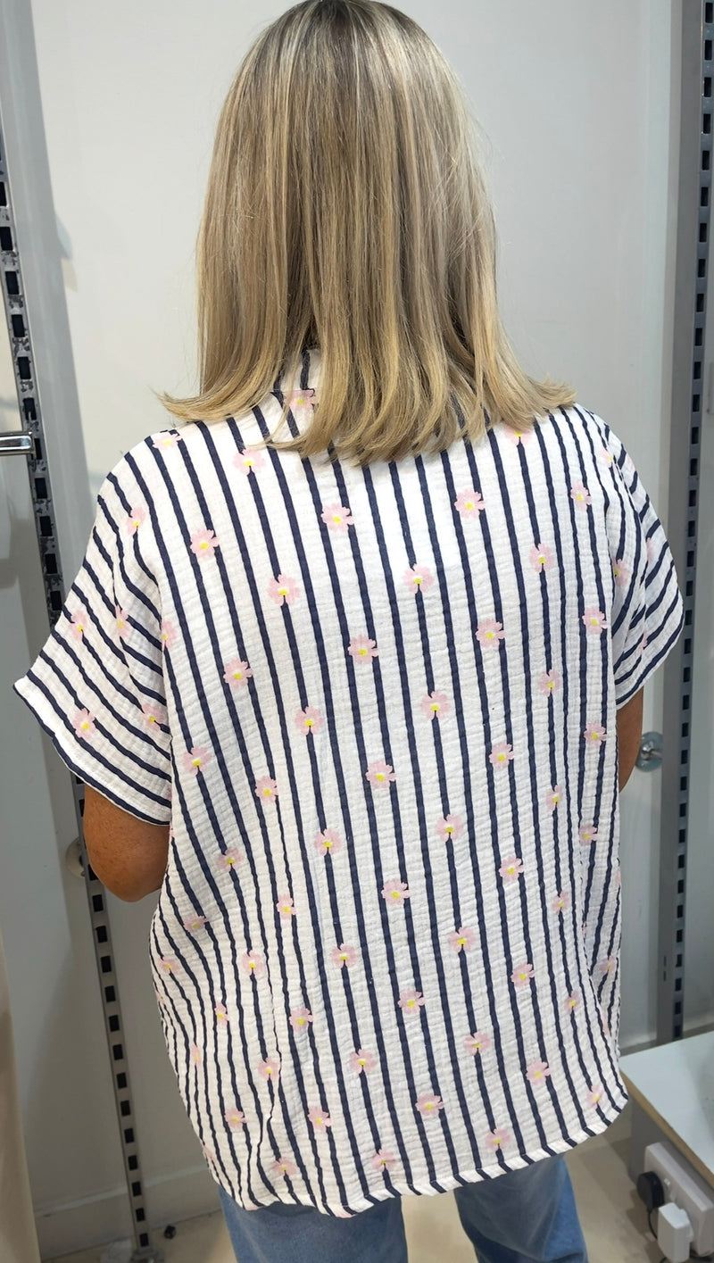 Bethany - Navy Stripe Ditsy Print Top