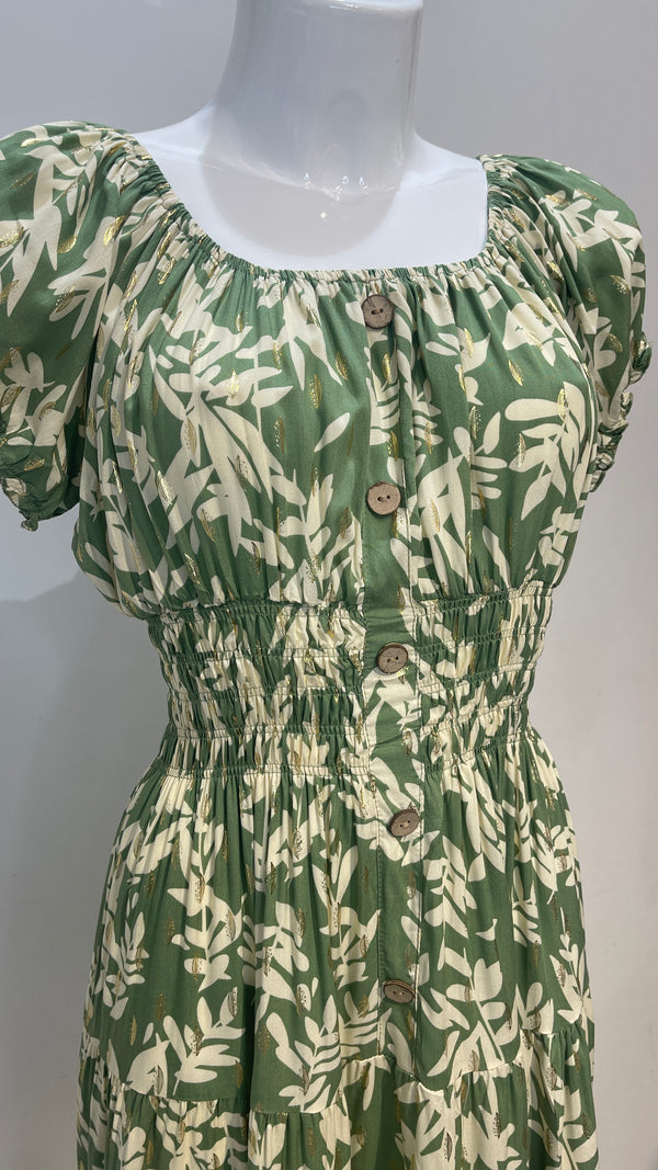 Trudie - Sage Green  /Beige Leaf Print Midi Dress