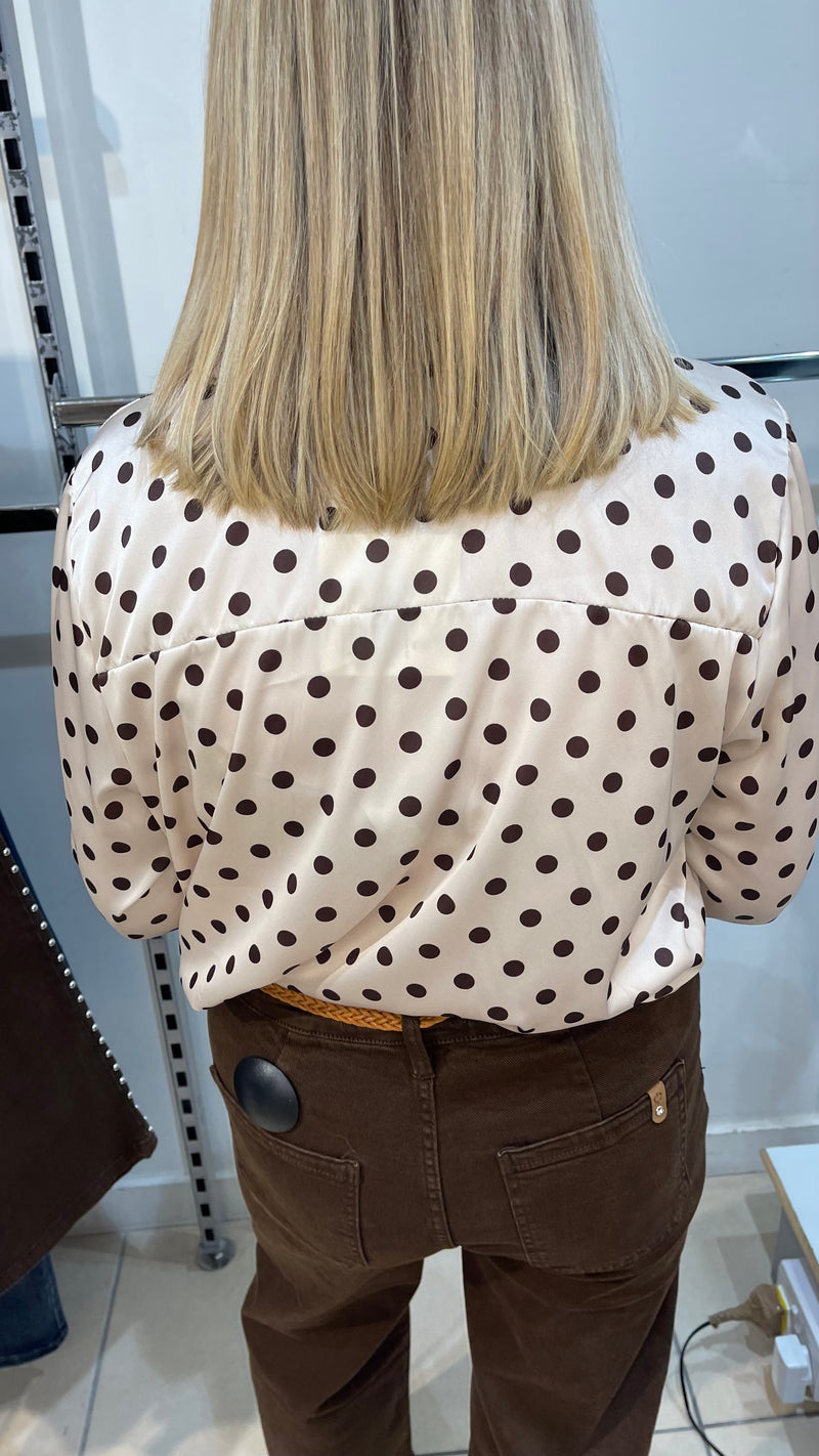 Jill - Cream/Brown Polka Dot Satin Look Shirt