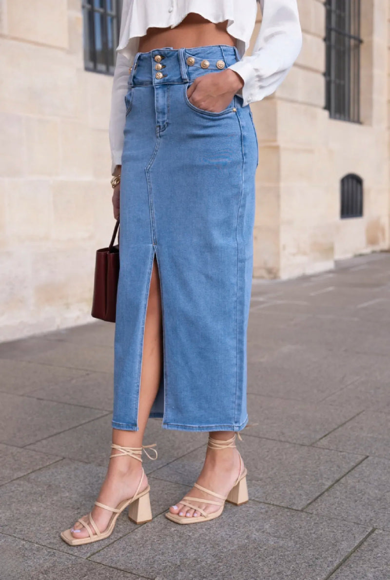 Tiffany - Denim Button Split Skirt