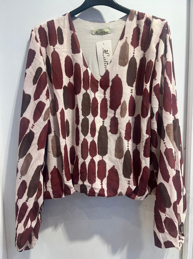 Naomi - Wine/Chocolate Print Lined bubble Hem top