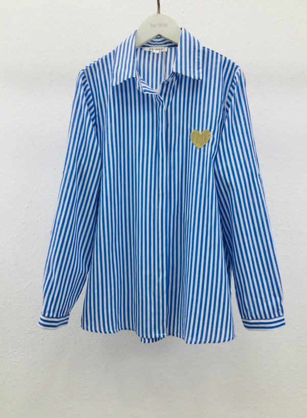 Millie - Blue Embriodery Heart Stripe Shirt