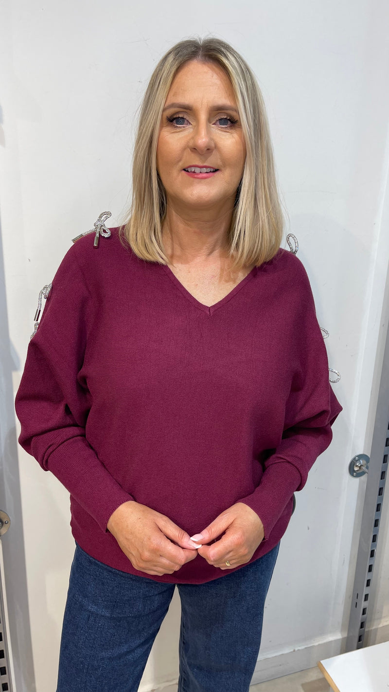 Evie - Wine Diamonte Sleeve Knit