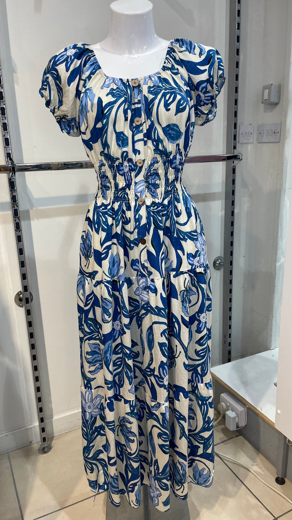 Suzie - Blue/Cream Leaf Print  Leaf Circle Print Button Linen Look Maxi
