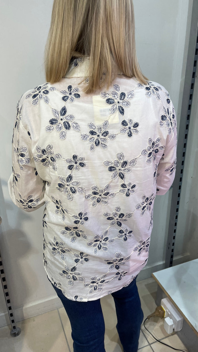 Jodie - White/Navy Embroidery Cotton Shirt