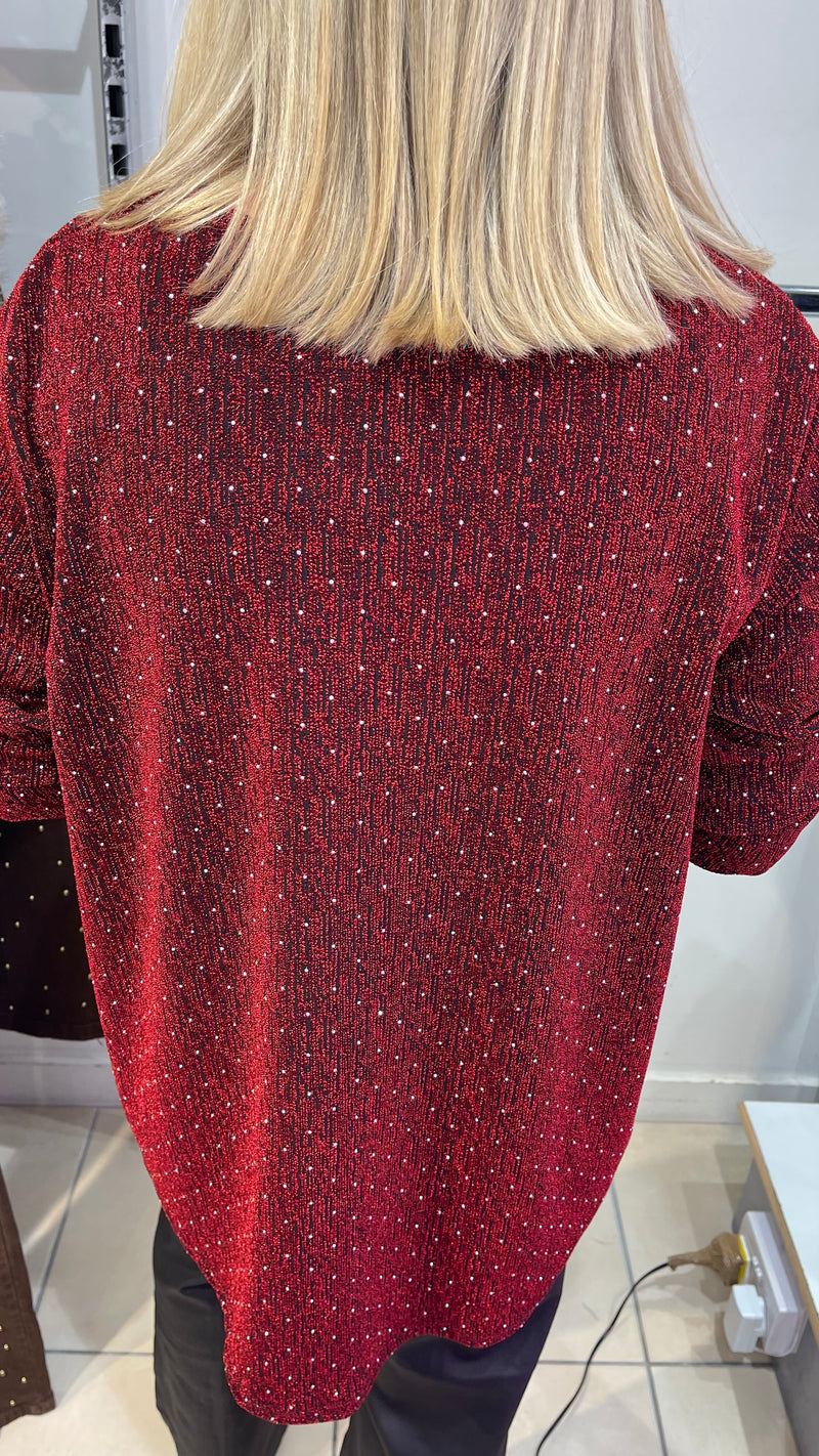 Kay - Red/Black Shimmer Stud Diamond Zip Batwing Top