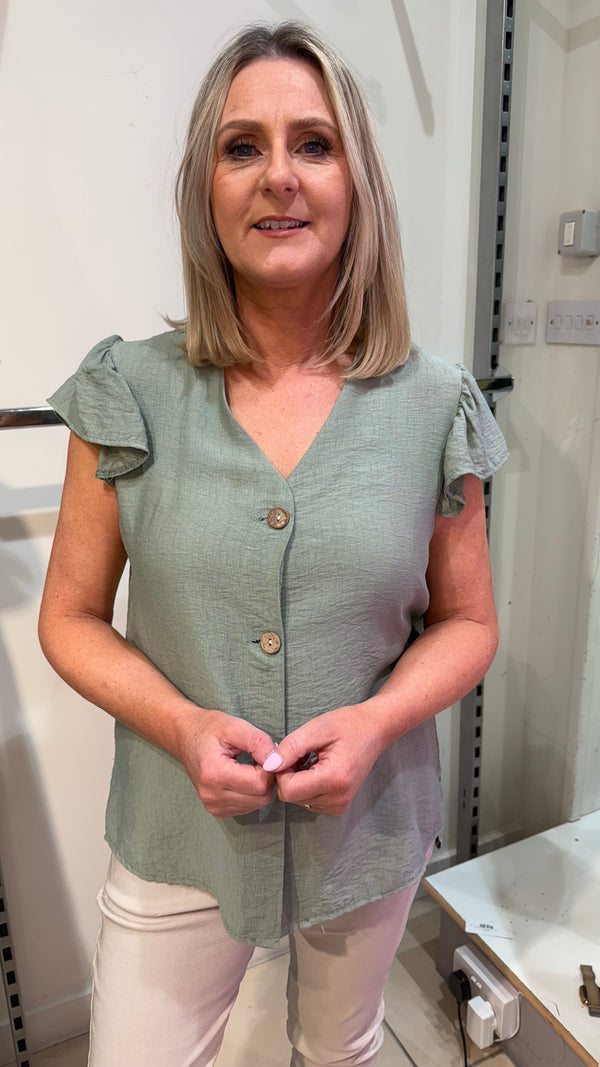 Maeve - Linen Look Button Front Blouse Khaki