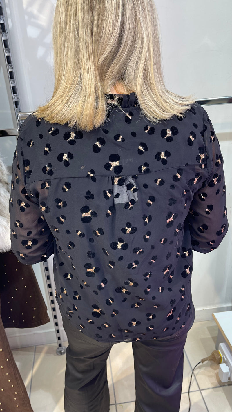 Isla - Black/Gold Flocked Ruffle Neck Top