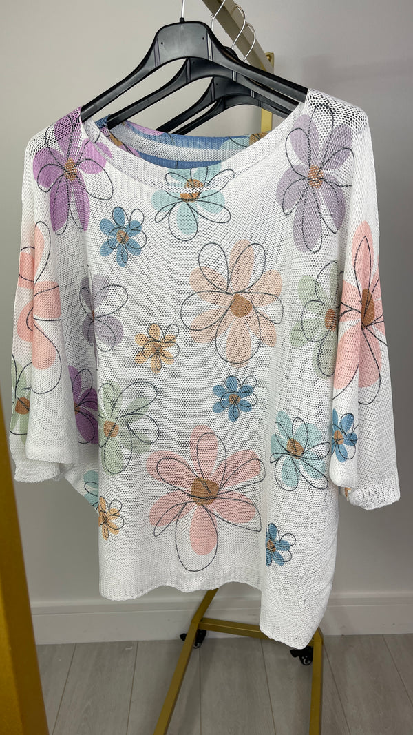 Jenny - White Flower Fine Knit Top