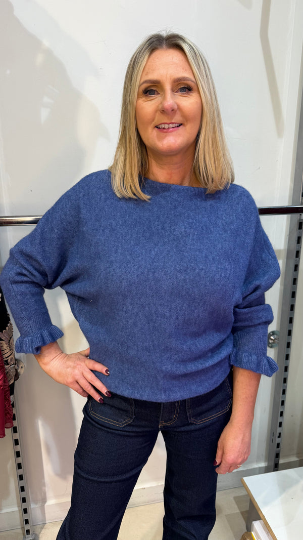 Anne -  Frill Sleeve Soft Stretch Jumper Denim Blue