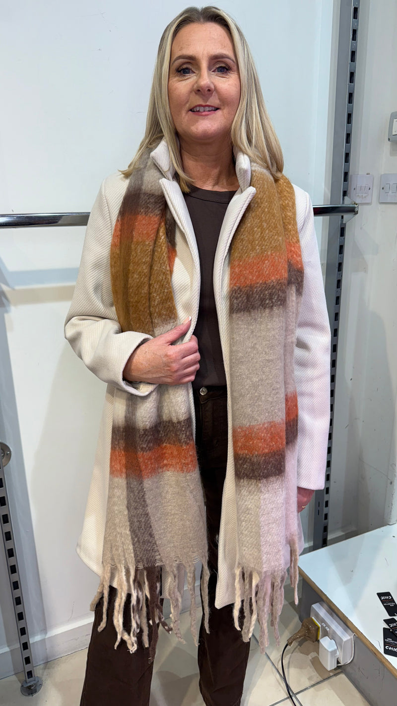 Alice - Beige/Orange  Check Winter Scarf