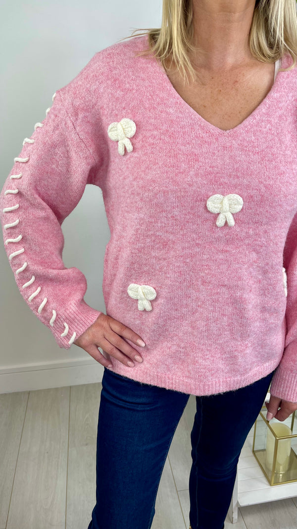 Josie - Pink Bow V Neck Knit