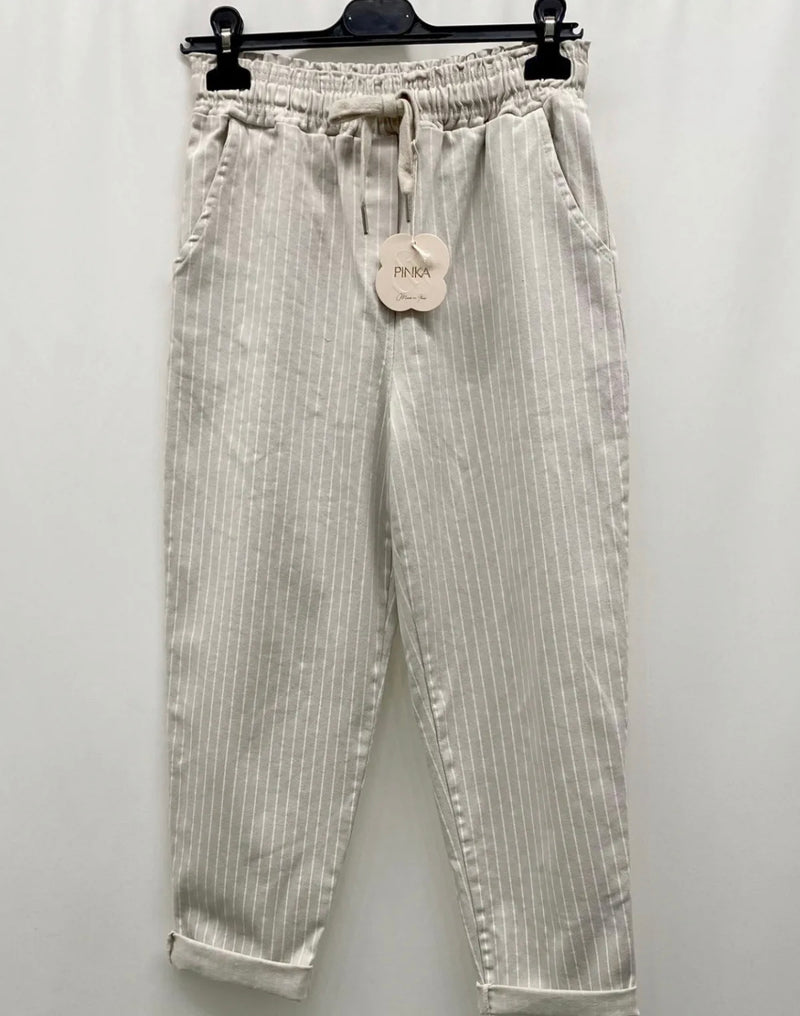 Kim - Beige Pinstripe Cotton Joggers